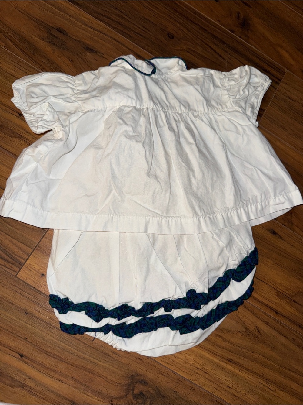 White Baby Dress with Navy Green Plaid Trim